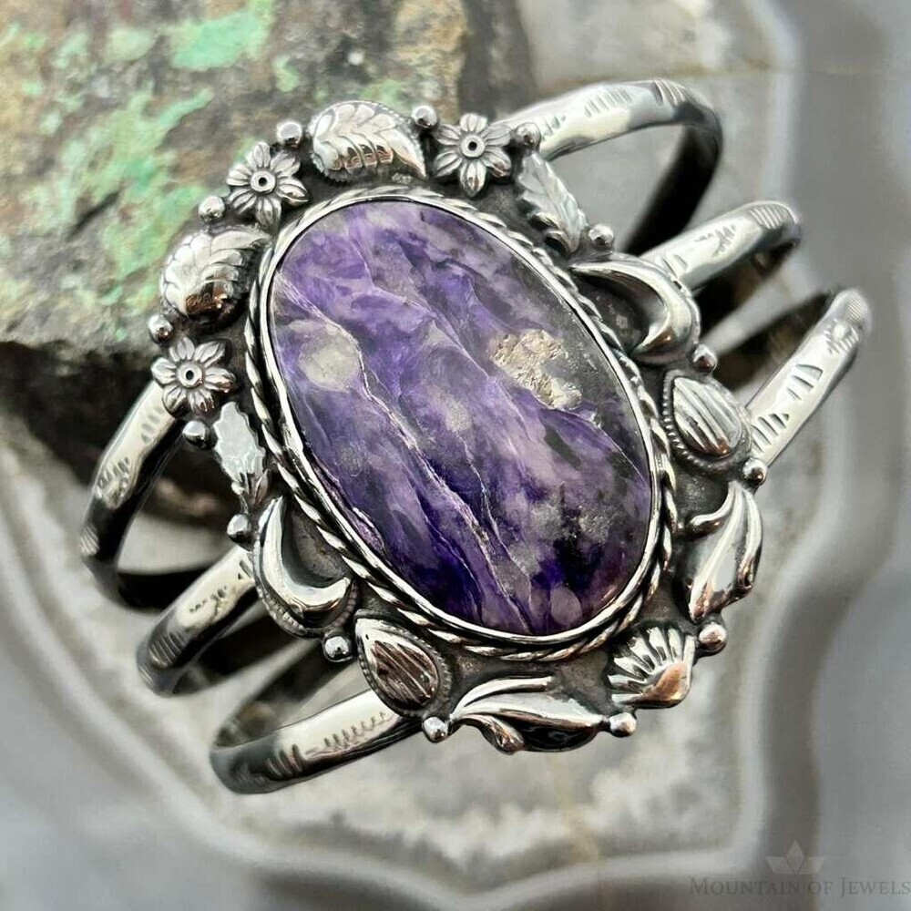 Sterling Southwestern Style Large Oval Charoite Decorated Bracelet For Women